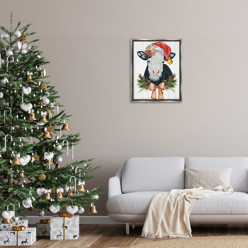 Stupell Festive Cow in Christmas Hat Framed Floater Canvas Wall Art Design By Ashley Justice