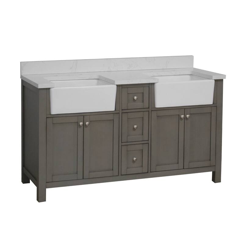 KitchenBathCollection Yorkshire 60" Double Farmhouse Vanity with Engineered Marble Top