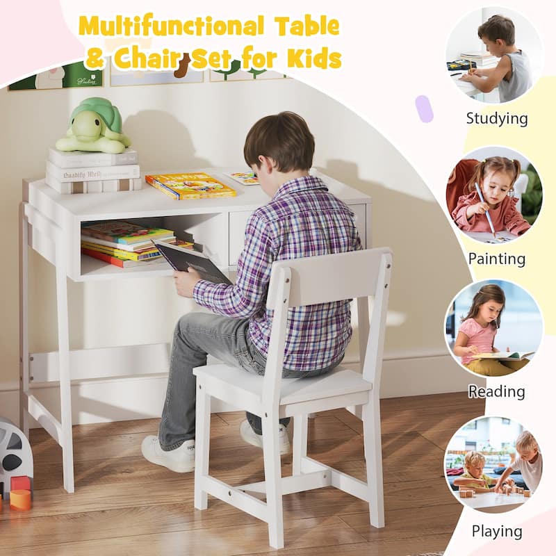 Kids Study Table and Chair Set with Storage Drawer and Hutch and Pine Wood Frame for 3 Over Years Old - 33.5" x 19" x 27.5"