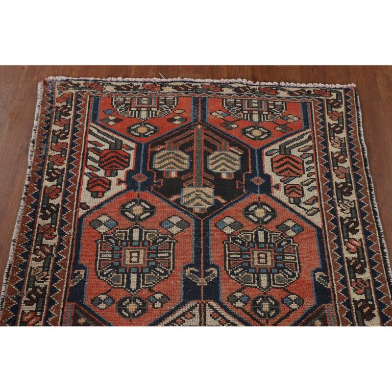 Tribal Orange Hamedan Persian Vintage Runner Rug Handmade Wool Carpet - 3'3" x 9'4"
