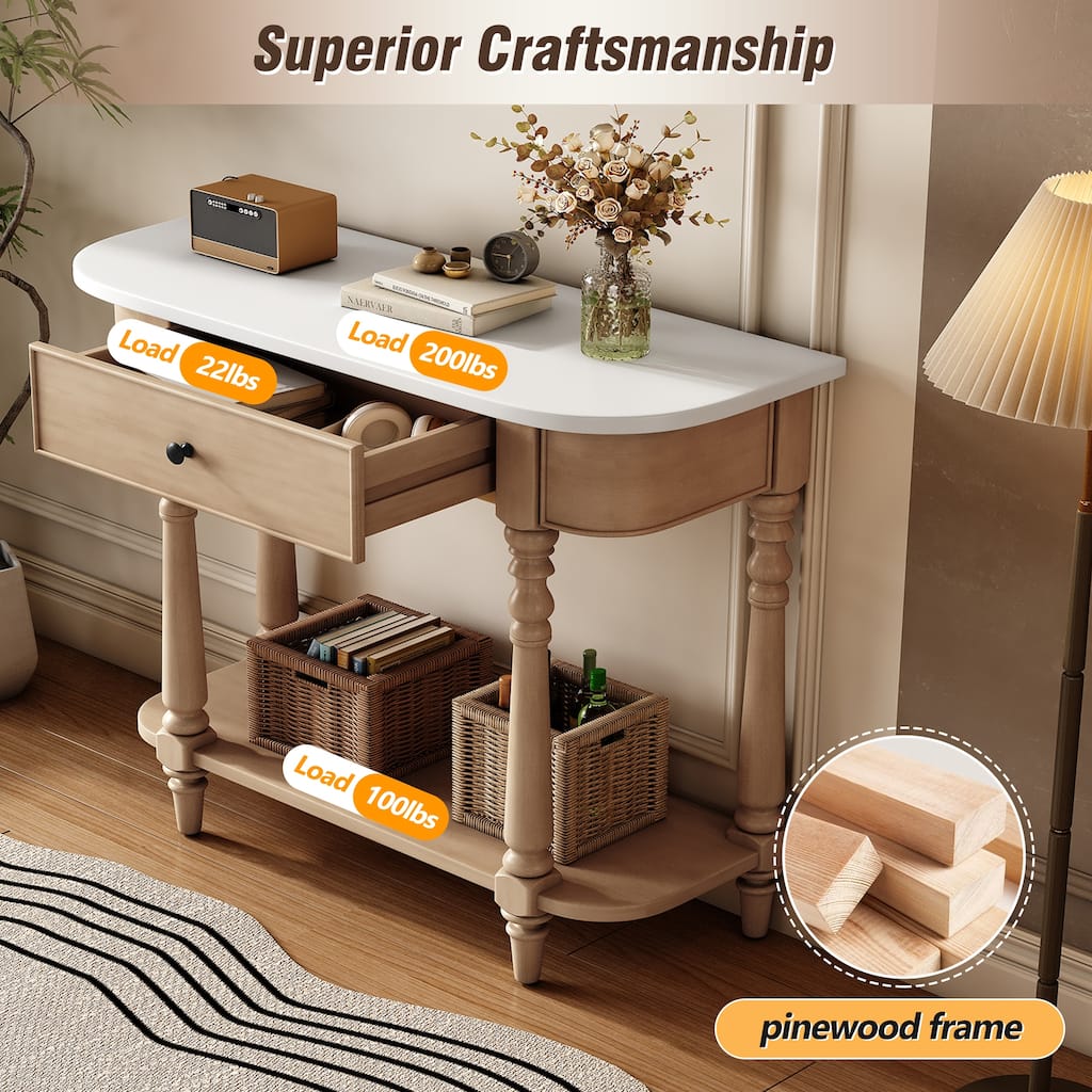 2 Tier Narrow Console Table Entryway Table with Drawer and Open Shelf, Half Moon Sofa Couch Table Hallway Table Foyer Table