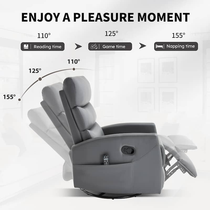 360° Swivel Rocking Recliner with Heat & Massage in Faux Leather