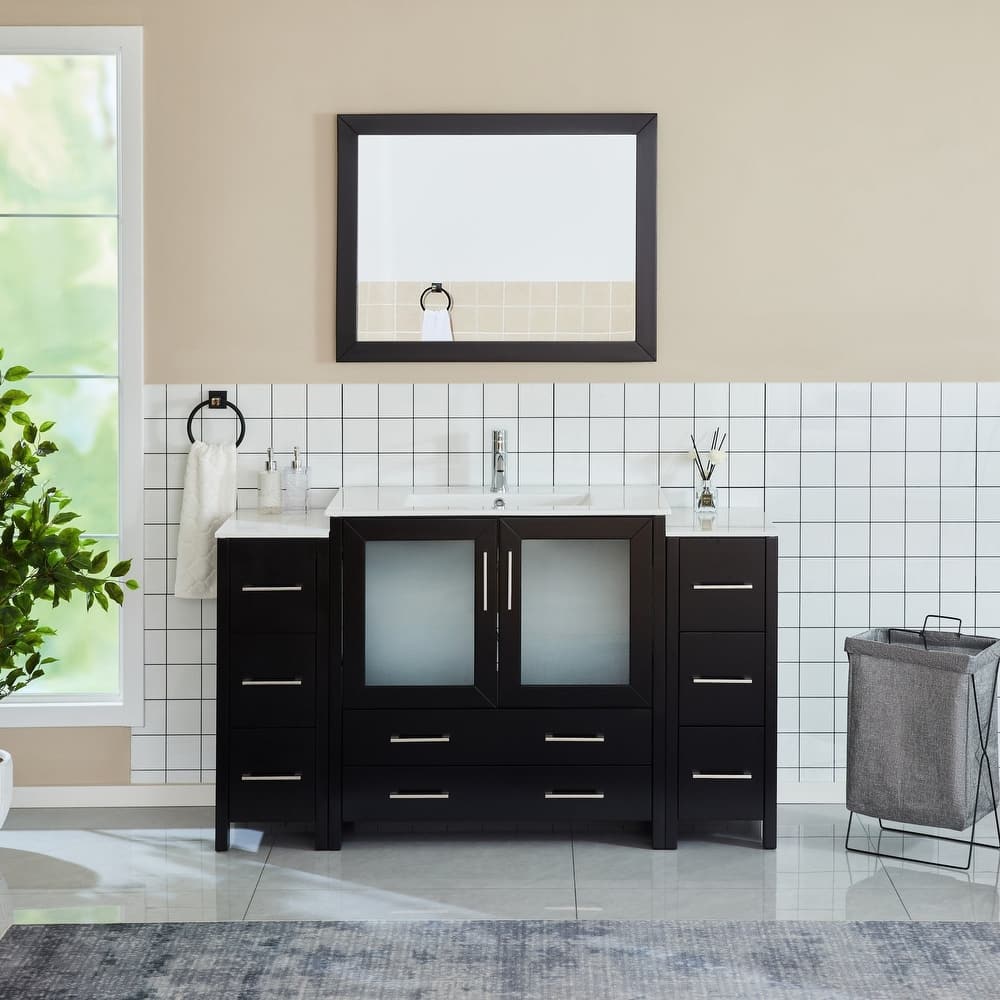 Vanity Art 60-Inch Single Sink Bathroom Vanity Set 8 Dove-Tailed Drawers 3 Cabinets 1 Shelf Soft-Closing Doors with Free Mirror