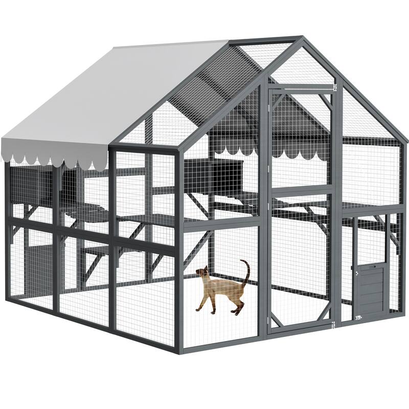 Walk-in Catio with Weatherproof Roof, Catio Outdoor Cat Enclosure with Suspension Bridges, 2 Cozy Cabins & 5 Strolling Paths