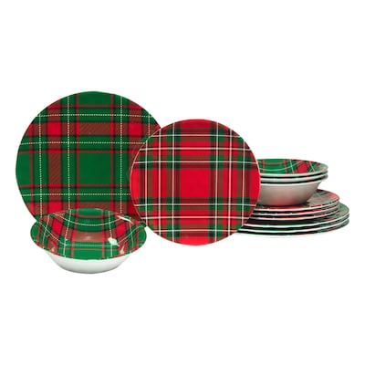 Certified International Christmas Plaid Melamine 12 Piece Dinnerware Set, Service for 4