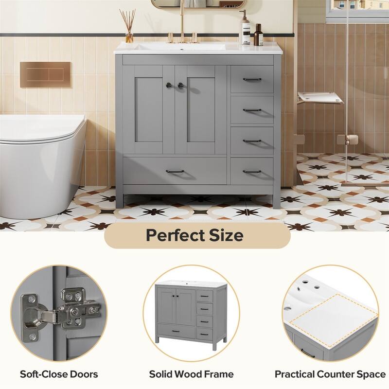 36'' Bathroom Vanity with Ceramic Sink Combo, Modern Bathroom Vanity Cabinet with 2 Soft Close Doors and 5 Storage Drawers