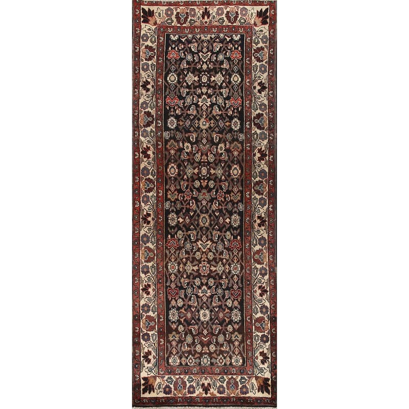 Hand Knotted Oriental 100% Wool Carpet Traditional Geometric Black Malayer Runner Rug - 10' 3'' X 3' 4''