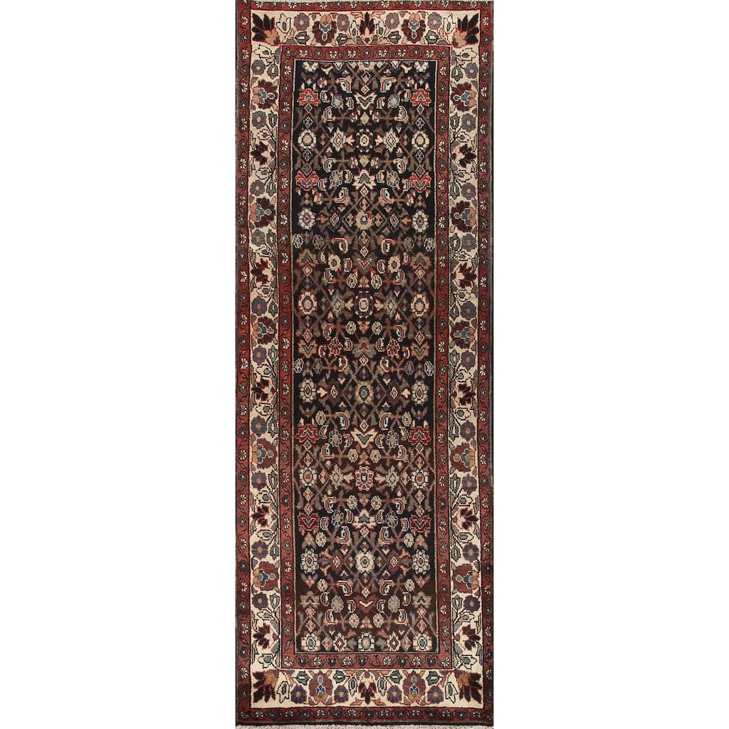 Hand Knotted Oriental 100% Wool Carpet Traditional Geometric Black Malayer Runner Rug - 10' 3'' X 3' 4''