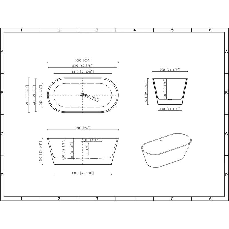 KBV 63'' x 31" Freestanding Soaking Acrylic Bathtub GTBT0023 - 63"