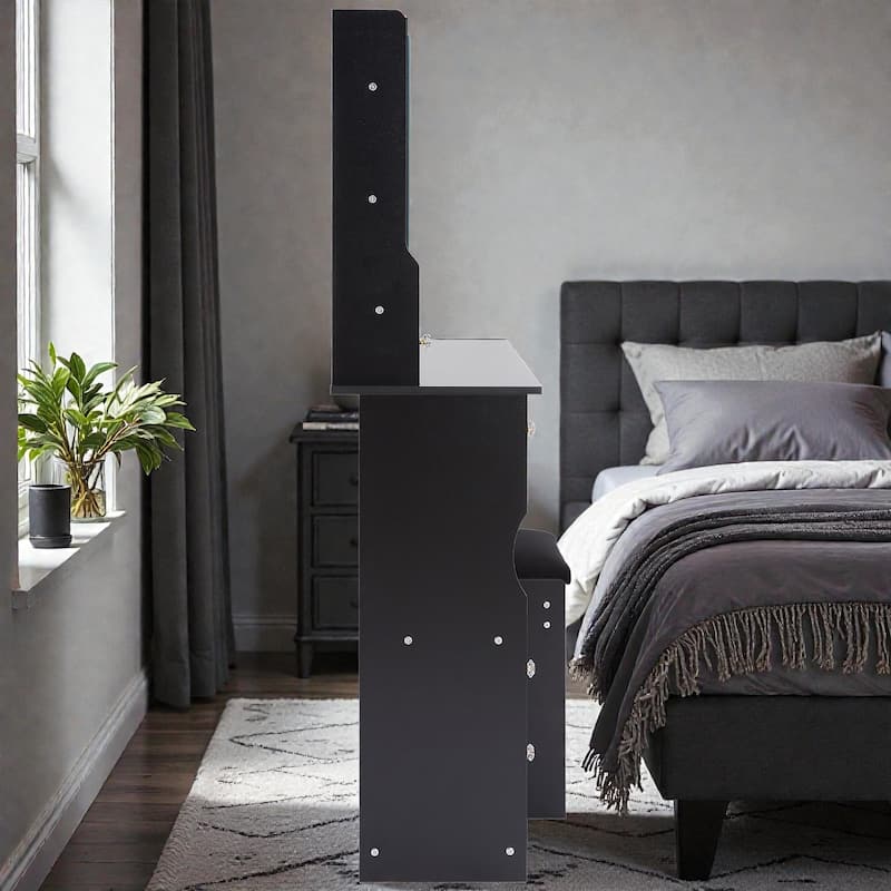 Small Space Vanity Table with Sliding Mirror and Stool, 29.2 Inch Makeup Dresser with Drawer Storage