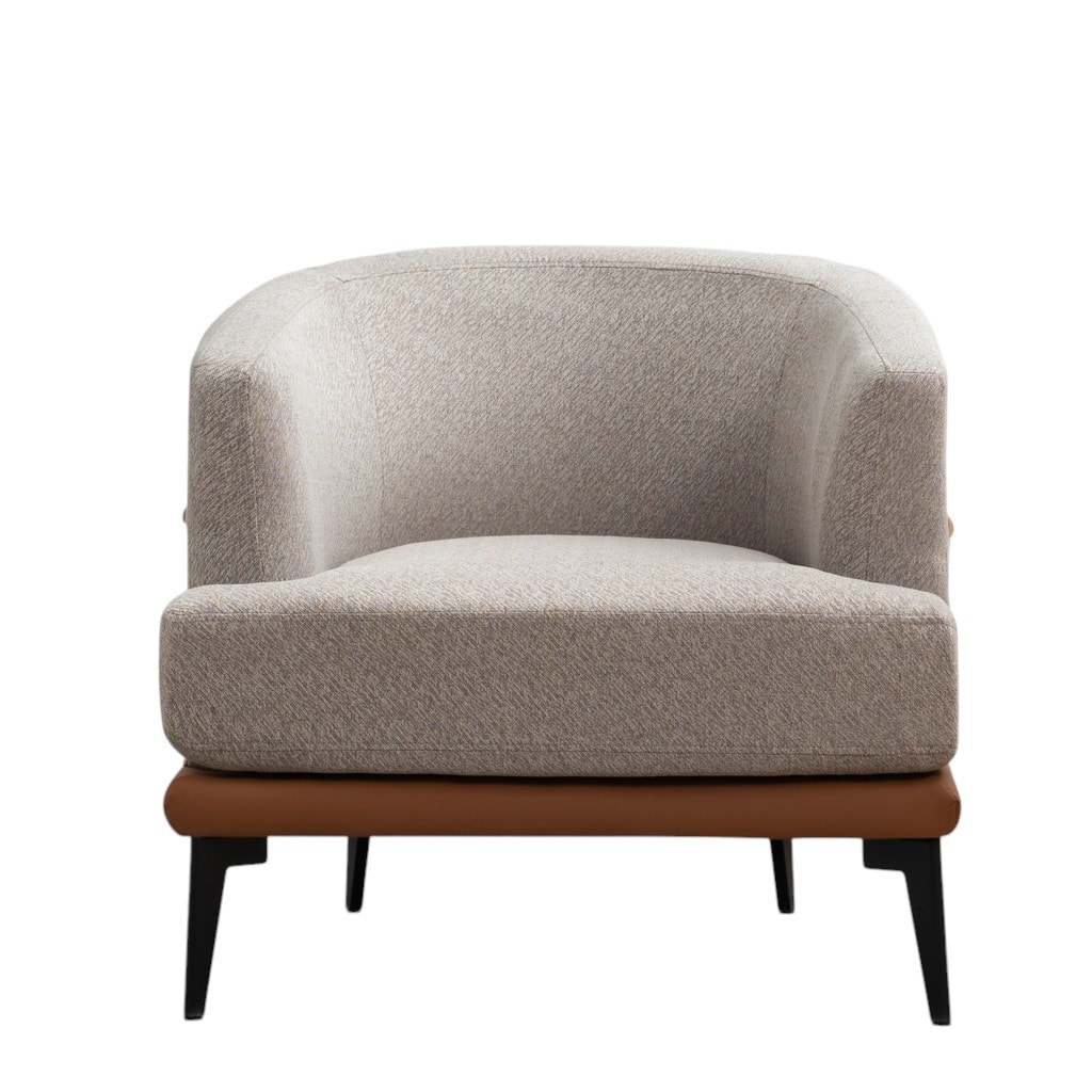 HomeRoots 29" Beige Terra Cotta and Black Linen Upholstered Wood Barrel Chair - 28.90 in. x 28.30 in. x 27.60 in.