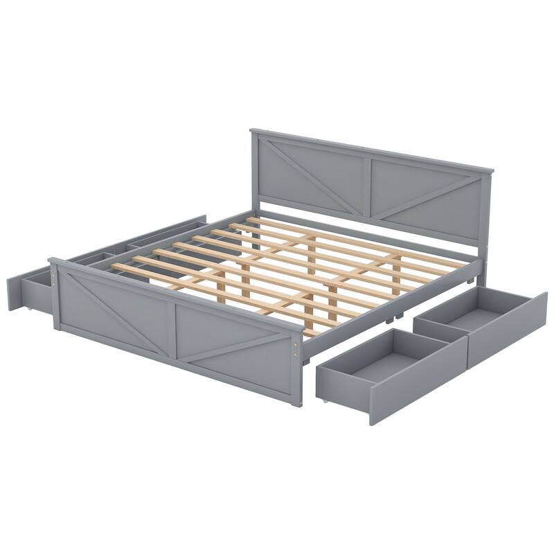 Wooden Platform Bed with 4 Storage Drawers & Support Legs