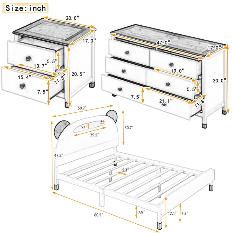 3-Pieces Bedroom Sets Full Size Bear-Shape Platform Bed with Nightstand and Storage dresser - Cream