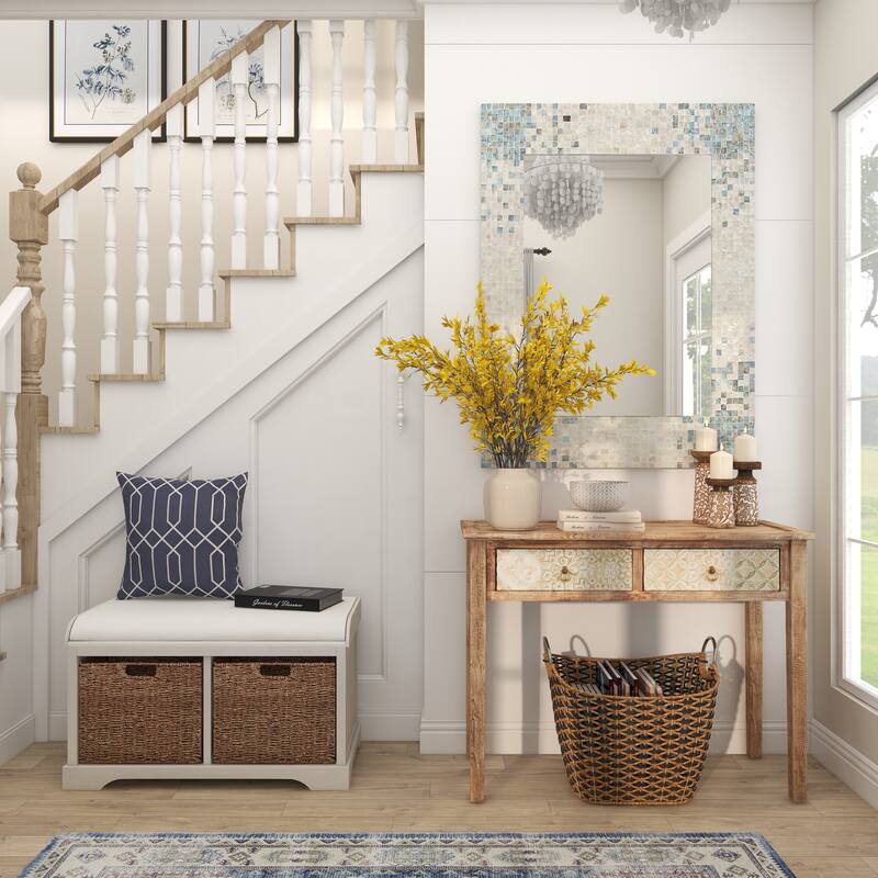 Cream Mother of Pearl Shell Handmade Mosaic Room Wall Mirror with Blue Corners