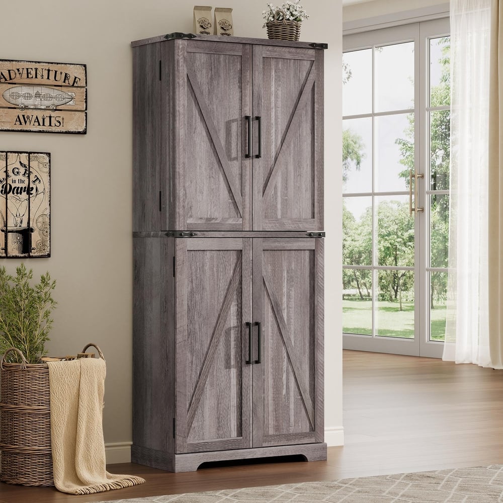 Farmhouse Wood Pantry Cabinet with Barn Doors, Adjustable Shelves