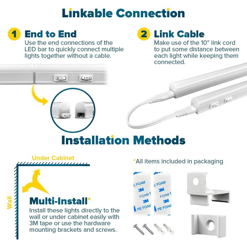 Sunperian LED Under Cabinet Light Kit 12" Plug In 30W Linkable 3 Color Option 3000K/4000K/5000K Damp Rated