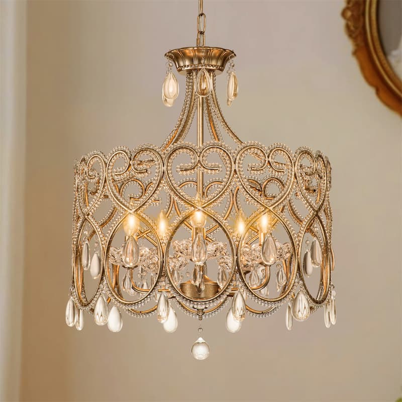 5-Light Mid-Century Modern Luxury Antique Distressed Drum Crystal Chandelier with Candle Accents - Antique Silver/Gold