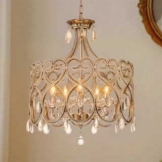 Rennnsan 5-Light Mid-Century Glam Antique Distressed Gold, Cylinder, Drum Crystal Chandelier for Dining Room