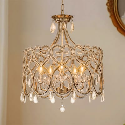 5-Light Mid-Century Modern Luxury Antique Distressed Drum Crystal Chandelier with Candle Accents