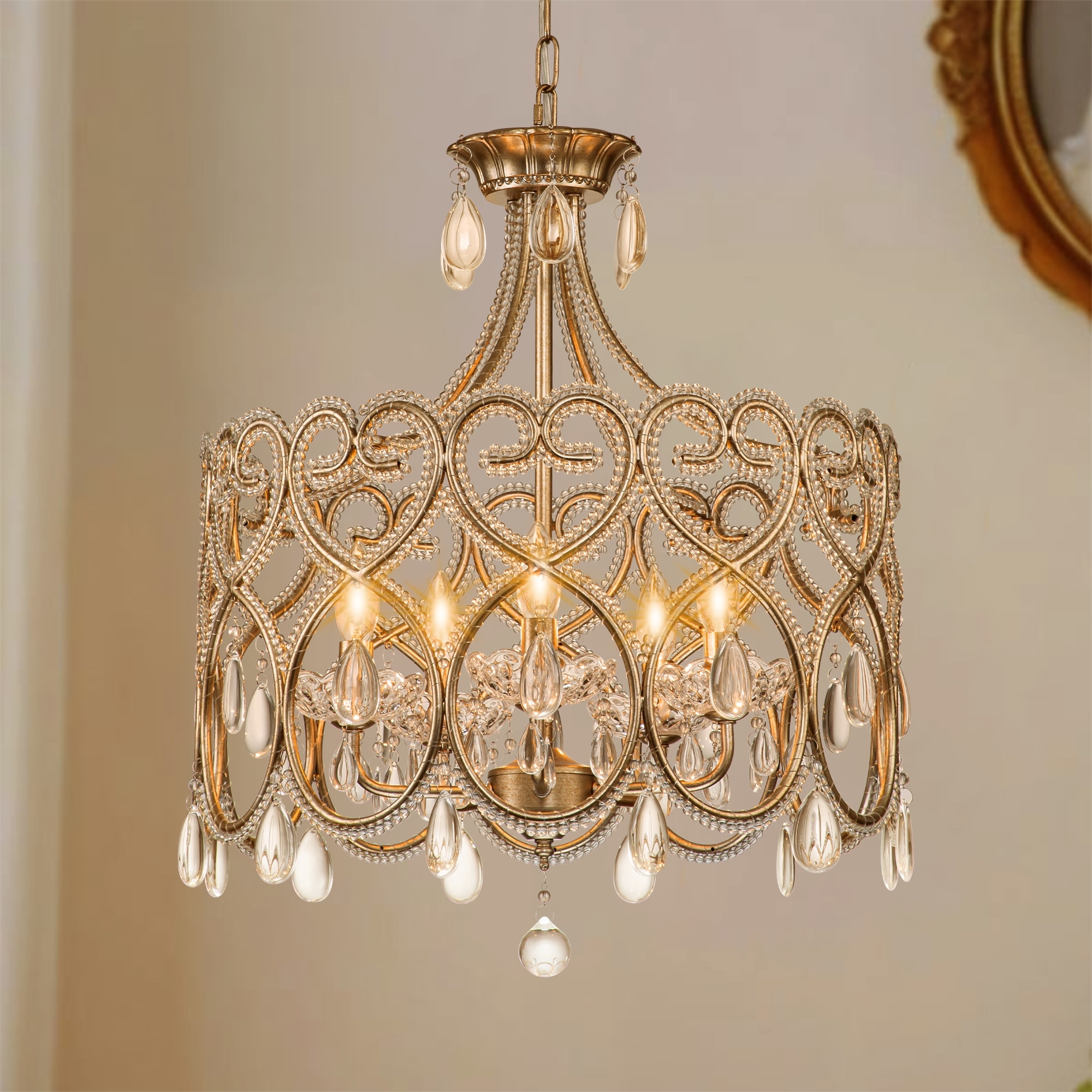 Rennnsan 5-Light Mid-Century Glam Antique Distressed Gold Drum Crystal Chandelier for Dining Room