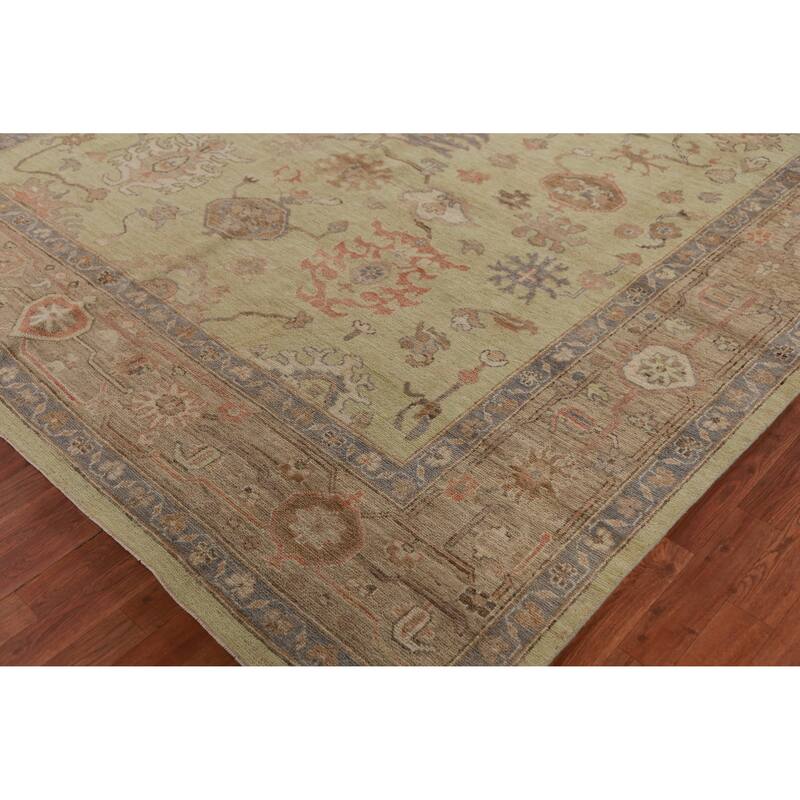 Hand Knotted Oriental 100% Wool Carpet Transitional All-Over Green Oushak Area Rug - 11' 11'' X 8' 10''