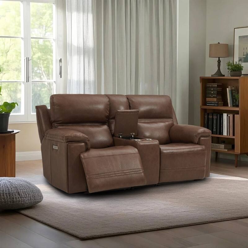 Genuine Leather Dual Power LoveSeat with Console, Adjustable Headrest, Footrest, USB/Type-C & Zero Gravity - LightBrown