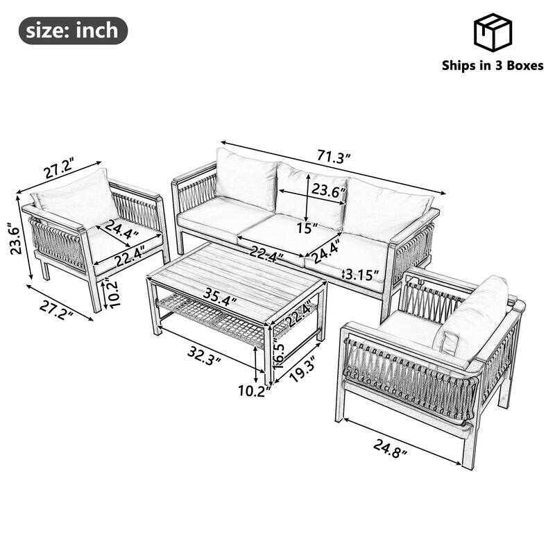 4-Piece Outdoor Cnversation Sectional Sofa Set with Water-Resistant Cushions and Coffee Table