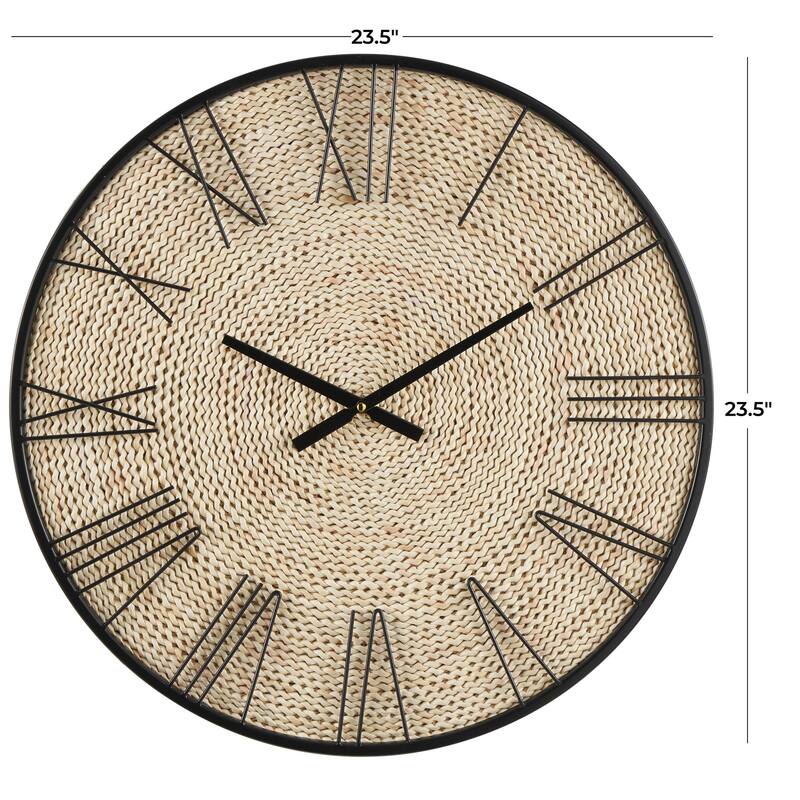 Brown Dried Plant Coiled Decorative Wall Clock with Black Metal Frame