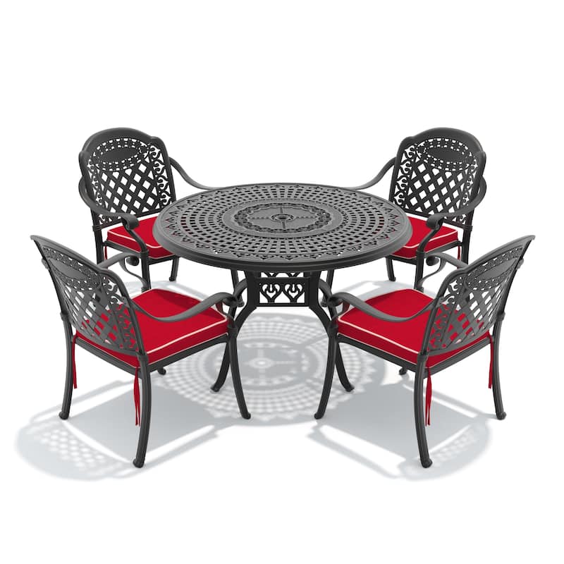 5-Piece Set Of Cast Aluminum Patio Furniture With Red Cushions
