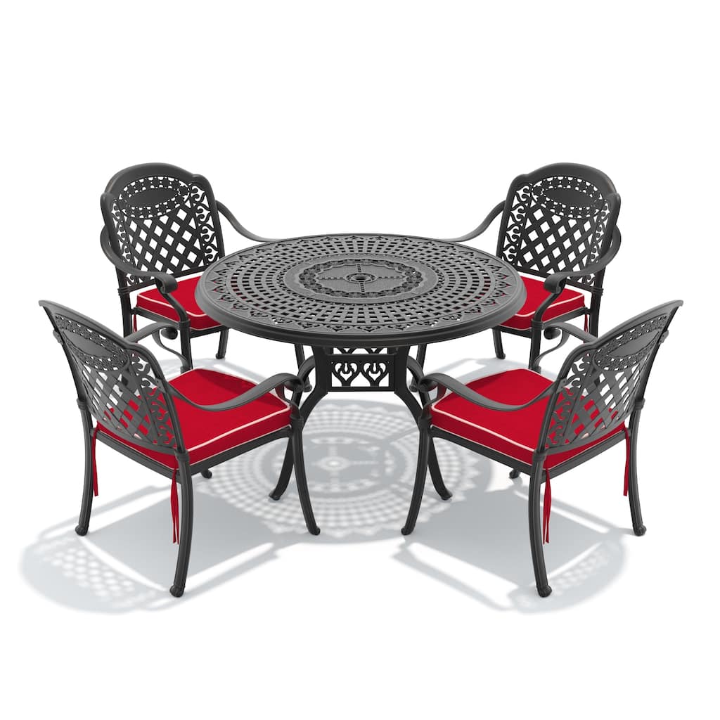 5-Piece Set Of Cast Aluminum Patio Furniture With Red Cushions