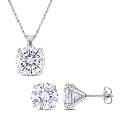 9ct DEW Created Moissanite 2-Piece Stud Earrings Pendant Chain Set 14k White Gold