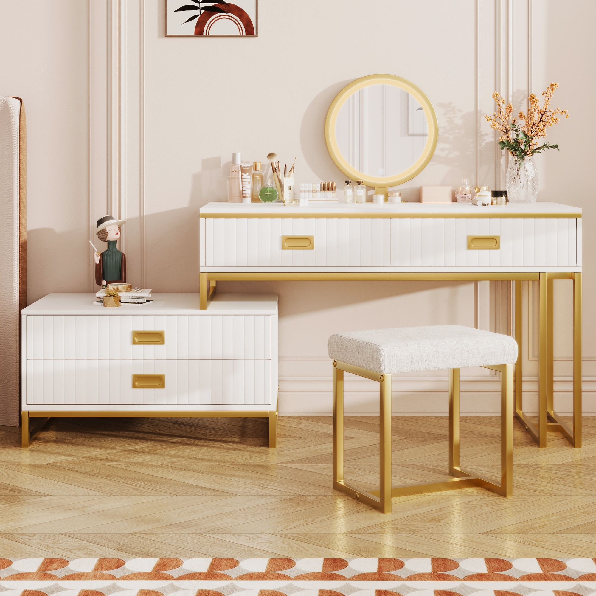 4-Drawers, Large Size Dressing Table With Mirror and 3-colors LED Light,  Makeup Table With Stool