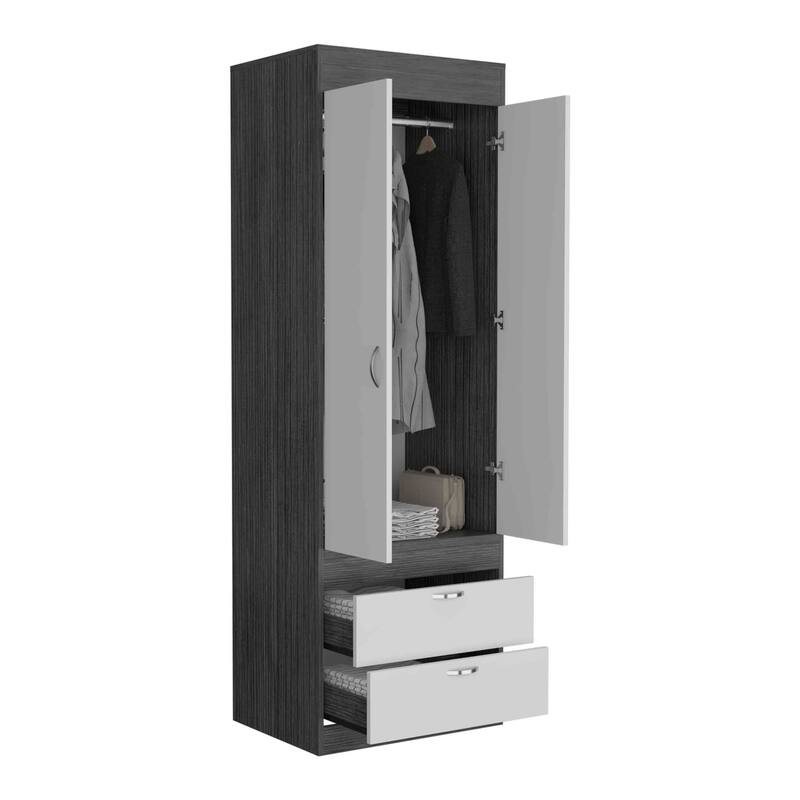Versatile Wardrobe Armoire Closet Storage Cabinet with Double Doors, Two Drawers, and Hanging Rod - Elegant and Space-Saving