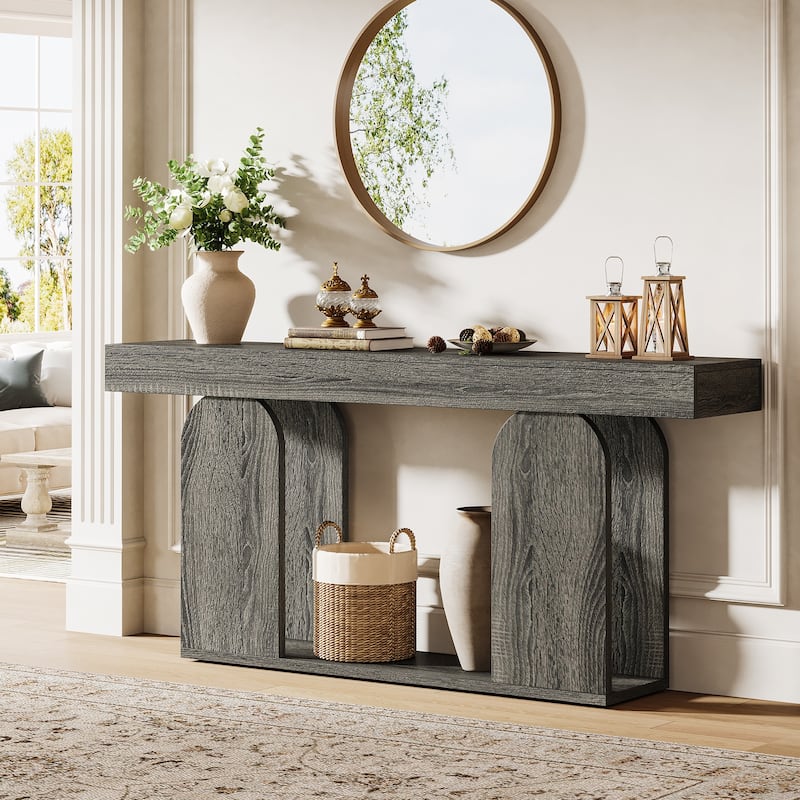 Long Wood Entryway Table, Storage Shelf Sofa Console Table, Living Room Hallway Foyer Behind Couch