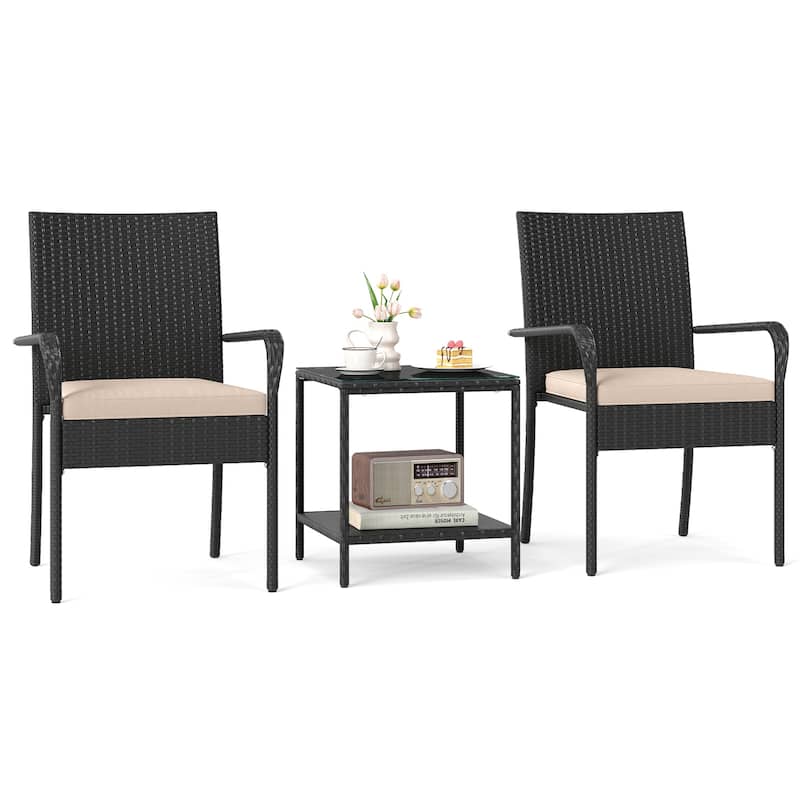3 Piece Black PE Rattan Patio Set with Metal Frame, Cushions and Glass Table - Chair: 23" x 22.5" x 35"