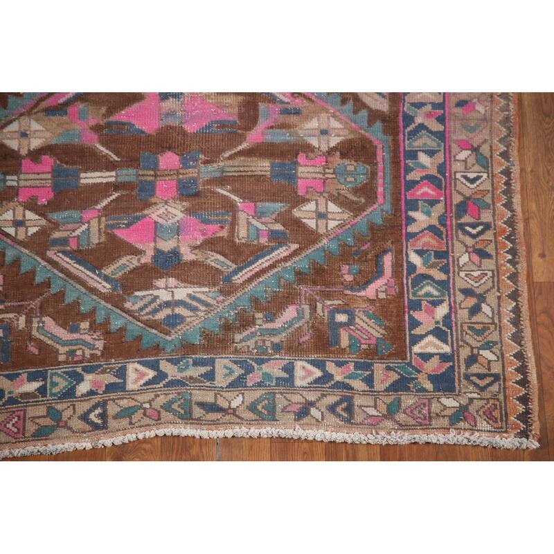 Hand Knotted Oriental 100% Wool Carpet Traditional Geometric Brown Heriz Runner Rug - 10' 11'' X 3' 9''