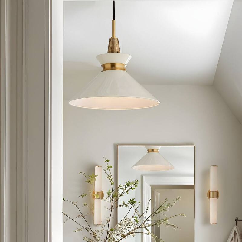 Orbit Bowl Modern Pendant Light - Metal Gold, Ivory White Cone Light Fixture For Modern, Scandinavian, Minimalist Room Decor