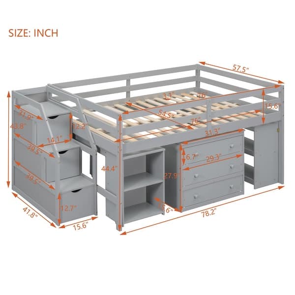 dimension image slide 3 of 6, Full Loft Bed with Retractable Desk & Guardrails - Multi-Functional