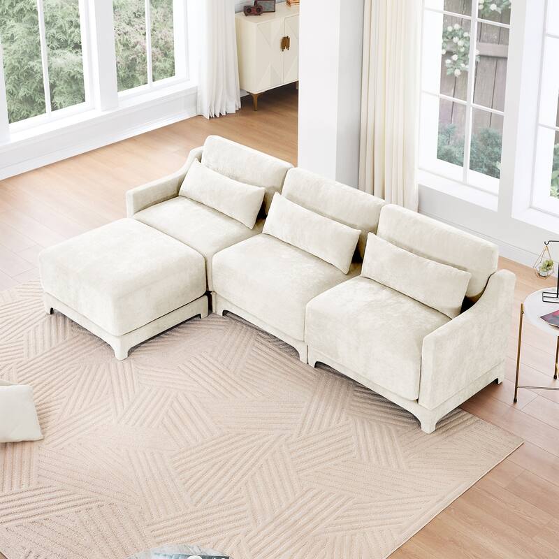 Modern Chenille 4-Seater Sofa with 2 Ottoman, Lumbar Cushions, Ergonomic Backrest, High-Resilience Spongeand Tufted Armrests