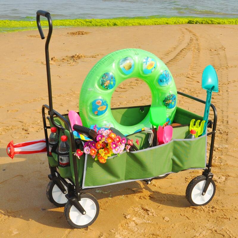 Heavy-Duty Folding Wagon with Large Storage, 600D Fabric, Adjustable Handle, Reflective Safety Straps