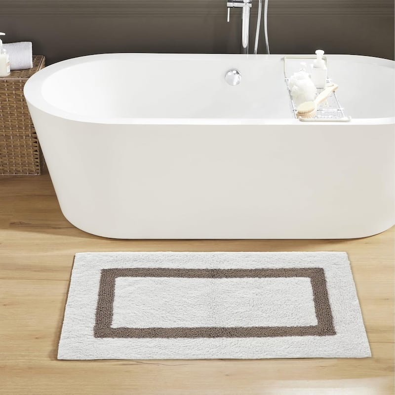 Better Trends Hotel Collection in Race Track 100% Cotton Super Absorbent Reversible Double Sided Machine Washable Bath Mat Rug - 24" x 40" Rectangle - White & Beige