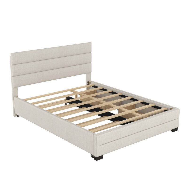 Upholstered Queen Size Platform Bed with 2 Storage Drawers and Twin Trundle Bed, Wood Queen Bed Frame with Linen Fabric