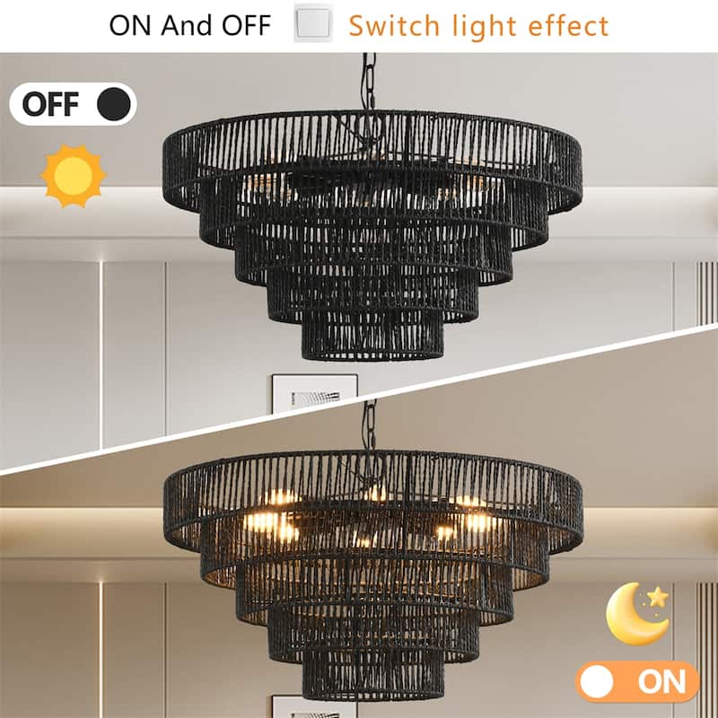 24" Rustic 5-Tier Black Hemp Rope Pendant Light Chandelier,No Bulb