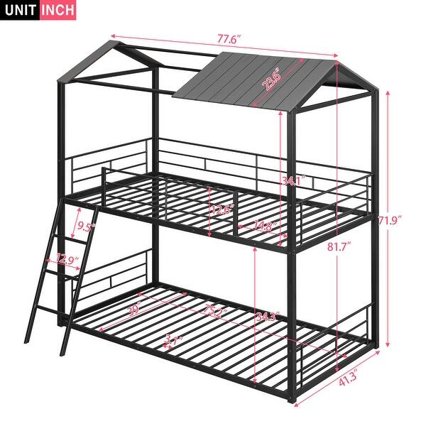 dimension image slide 1 of 2, Twin Over Twin Full-length Guardrails Bunk Bed Metal Bed with Half Roof, Guardrail and Ladder