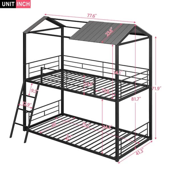 dimension image slide 1 of 2, Twin over Twin Metal Bunk Bed with Half Roof, Guardrail, and Ladder, Premium Steel Slats Support, Ideal Kids' Furniture