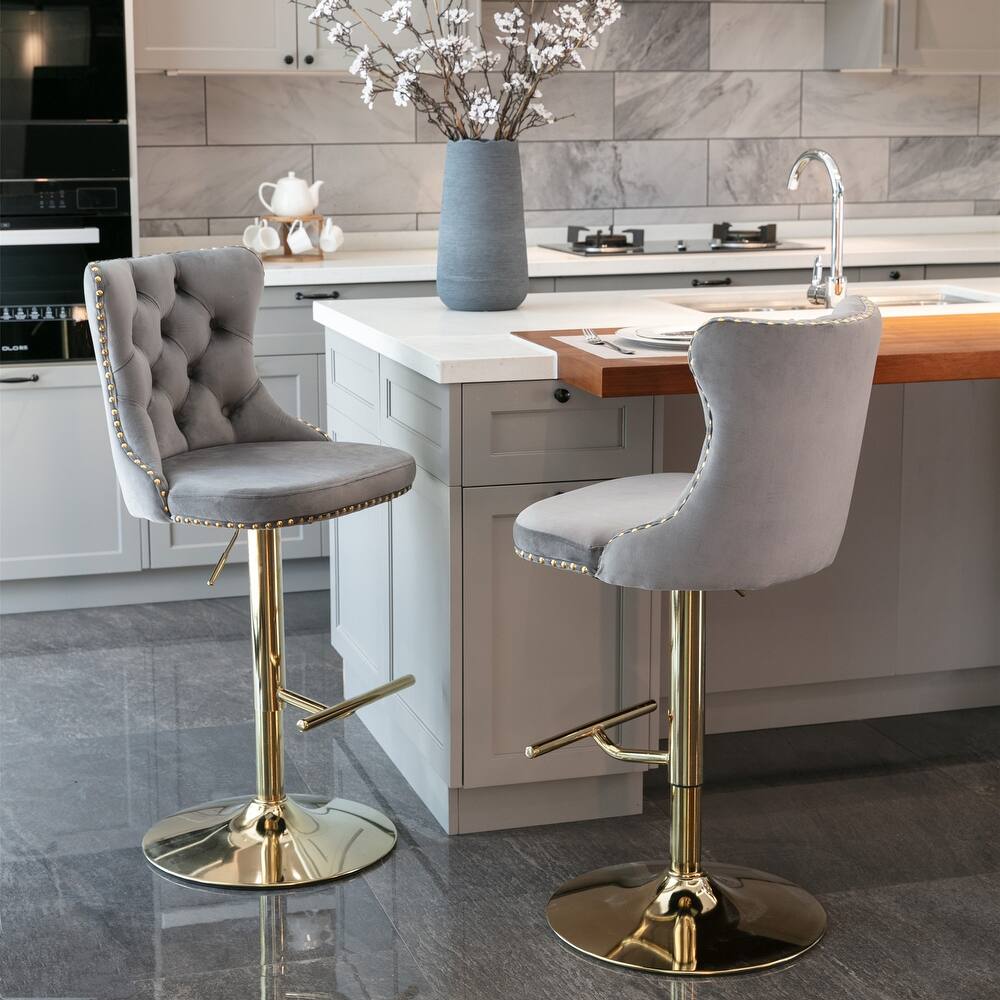 Roomfitters Swivel Velvet Bar Stools Set of 2, Adjustable Height Tufted Upholstered Counter Chairs with Gold Base