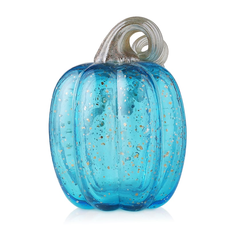 Glitzhome Fall Hand Blown Blue Glass Pumpkin Thanksgiving Table Decor