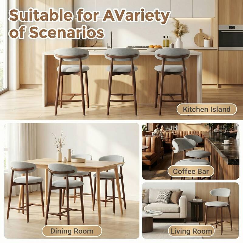 Mid-Century Modern Upholstered Bar Stools Counter Height Wooden Bar Chairs with Backrest Footrest