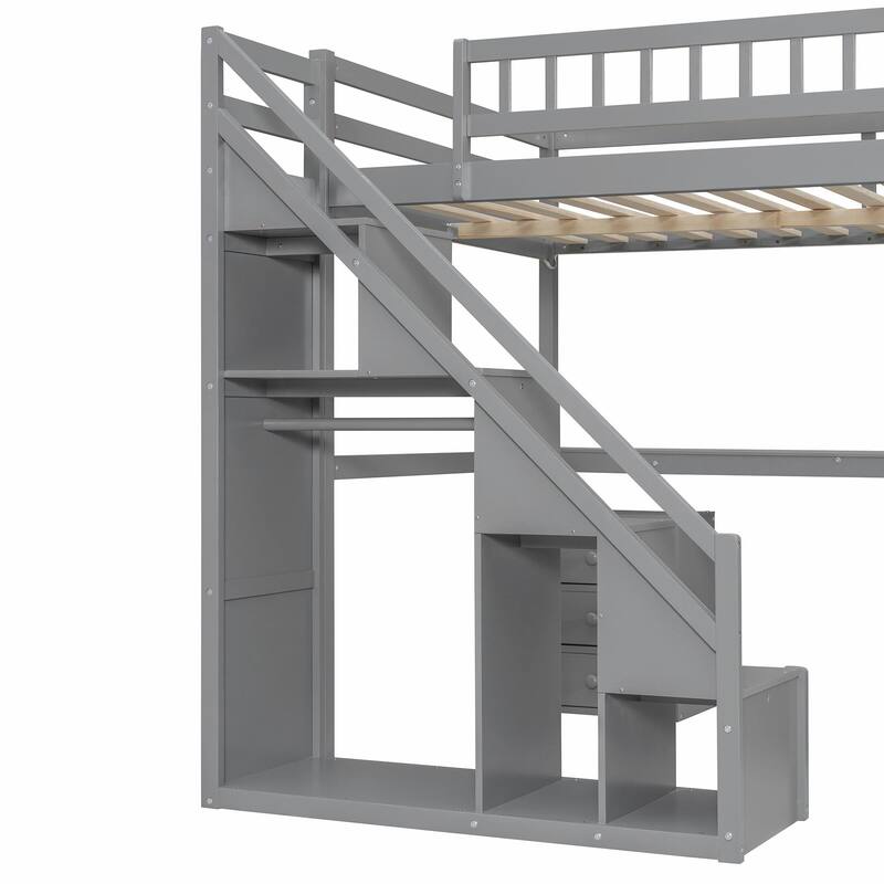 Loft Bed with Two Chest of Drawers, Integrated Desk, and LED Light Strip