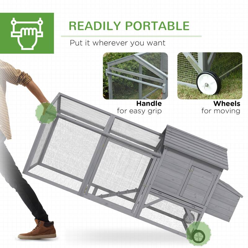 Grey Fir Wood Chicken Coop with Outdoor Run, Nesting Box and Wheels